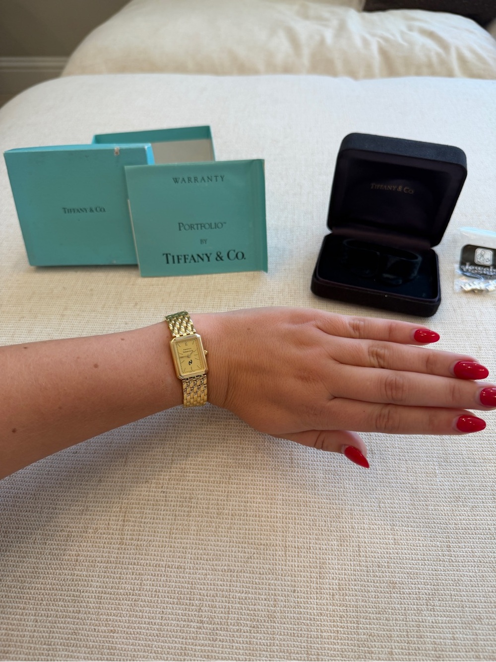 Tiffany & Co Portfolio 18k EP Swiss Watch—Box, Warranty Card, Extra Links